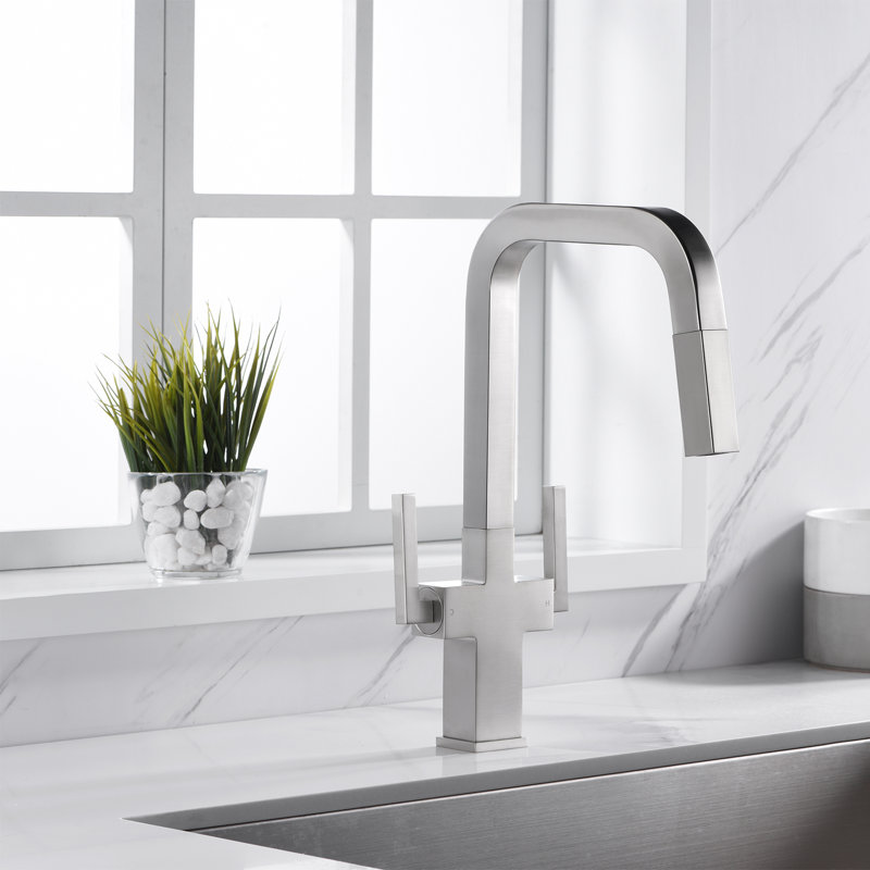 Pull Down Double Handle Kitchen Faucet, Brushed Nickel