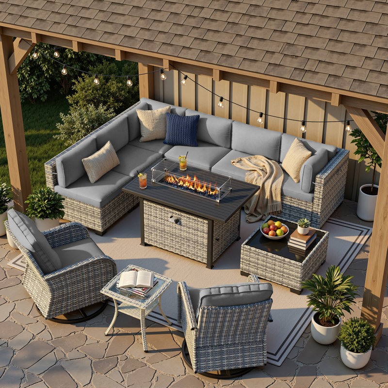 11-Piece Outdoor Patio Conversation Set With Propane Fire Pit Table, 7-Piece Wicker Sectional Sofa & Coffee Table, 2 Swivel Rocking Chairs & Side Table