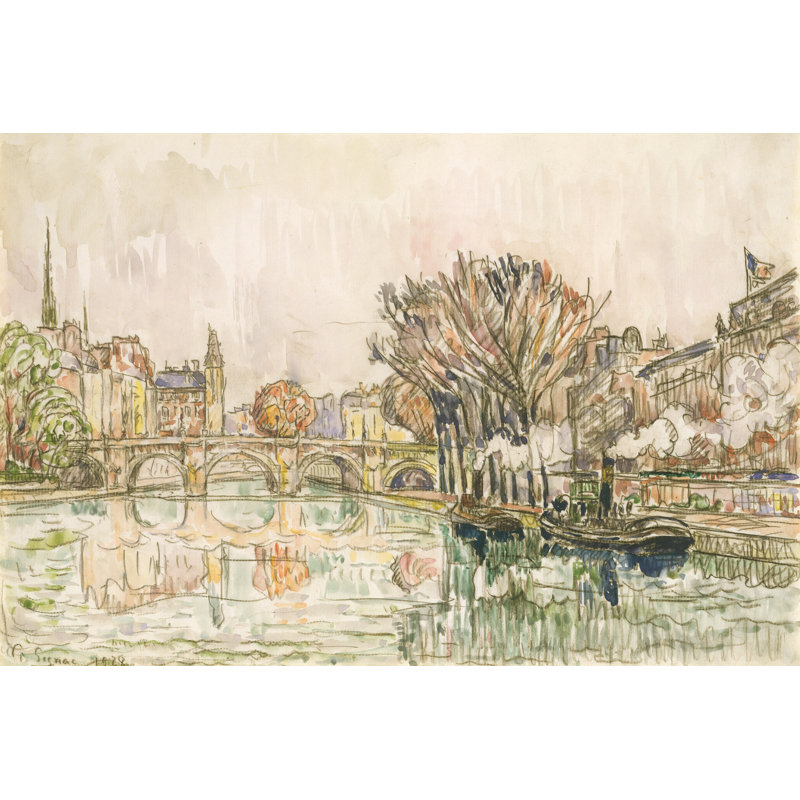 The Pont Neuf, Paris by Paul Signac - Painting on Canvas, Black Floater Framed, 122cm H x 81cm W