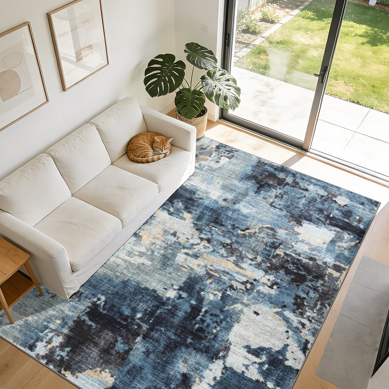 Ultra Thin Washable Area Rug – Modern Abstract Carpet, Non-Slip & Non-Shedding, Spot Resistant for Living Room, Bedroom, Hallway, Dining Room, Office – Blue & Colorful, Multiple Sizes