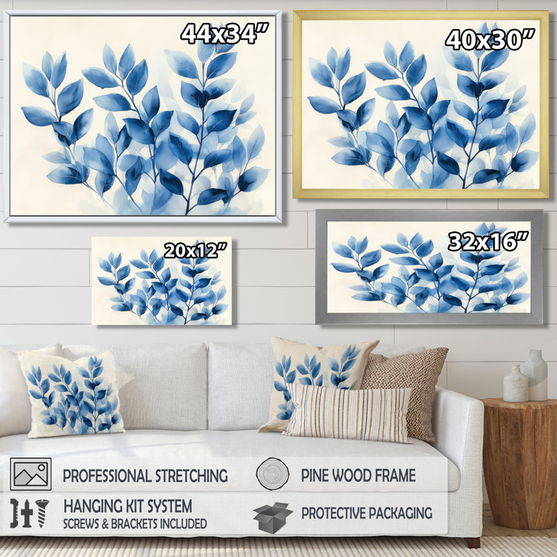 «Soft Leaves In Hazy Blues Watercolor I - Plants», reproduction sur toile, 28" H x 60" W, Cadre flottant noir