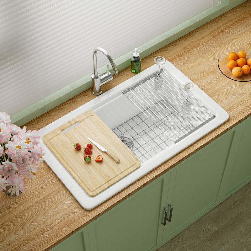 33" L x 19" W Fireclay Undermount Workstation Kitchen Sink, Drop-in Kitchen Sink White Single Bowl, Dual Mount, Included 4 Custom Accessories