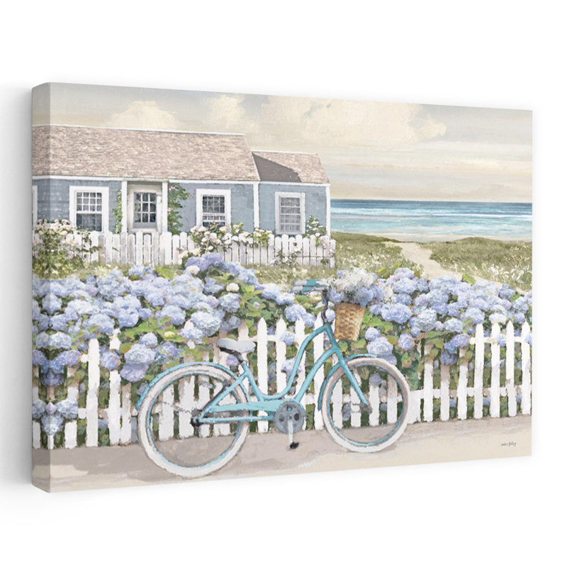 Beach Beach - Coastal Coastal Cottage Hydrangeas Picket Fence Art, H 48 po x l 32 po