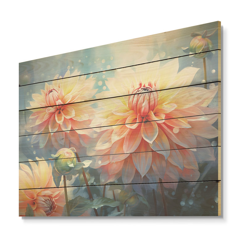 Rêves de dahlia moderne corail et bleu - Art mural en bois de dahlia sur bois de pin naturel, H 30 po x l 40 po