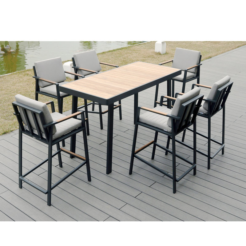 Nofi Patio Dining Bar Set with Stools, Aluminum 6-Person Pub Dining Table Set with Cushions