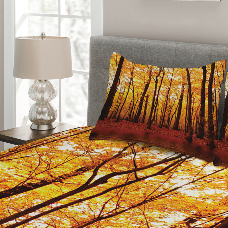 King Size Autumn Forest Quilted Bedspread Set in Brown and Orange