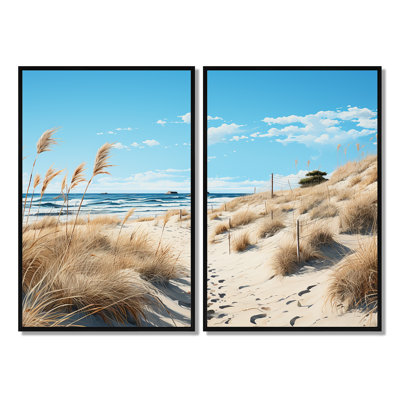 Photo plage herbe II - impressions sur toile bleues 2 panneaux