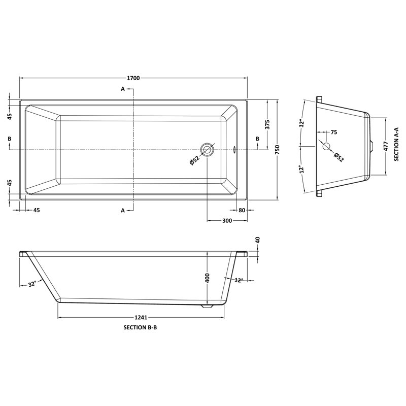 1700mm x 750mm Soaking Acrylic Bathtub