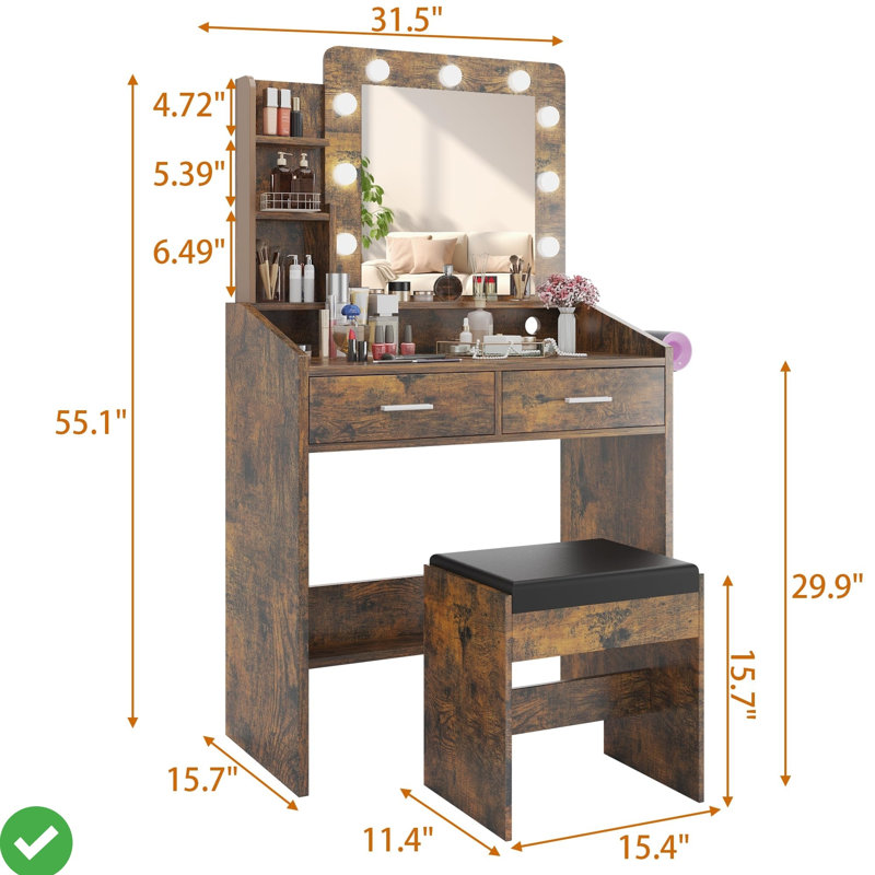 Table de coiffeuse en bois avec miroir et lumières, Brun