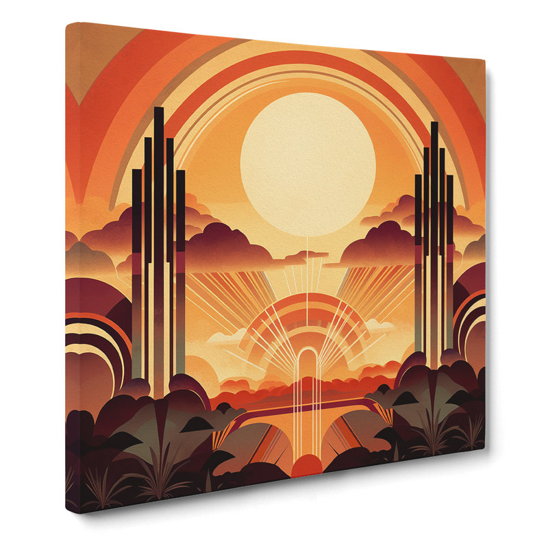 Art Deco Sunset Vintage Art No.3 - Wrapped Canvas - Framed Print, 35cm H x 35cm W x 3cm D