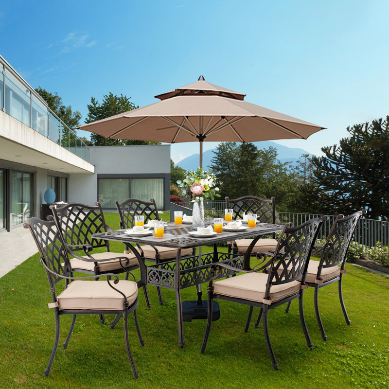 7-Piece Cast Aluminum Outdoor Table and Chairs, Antique Bronze Patio Dining Sets Include 60" Large Patio Dining Table and 6 Chairs with Removable Cushion