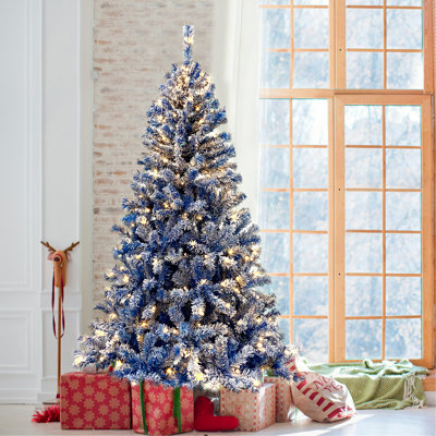Sapin de Noël artificiel à charnière pré-éclairé 6 pi, arbre de Noël artificiel enneigé enneigé avec 750 branches de Noël