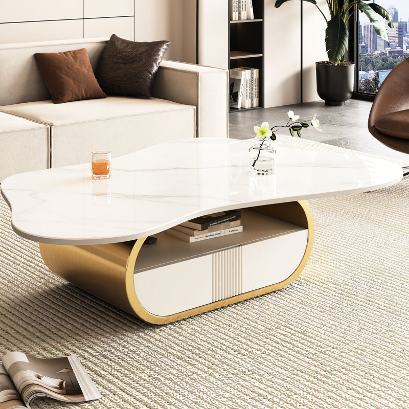 Table basse ovale moderne avec motif papillon, tablette à fermeture en douceur et plateau en pierre frittée pour tiroir d'intérieur, surfaces de bureau