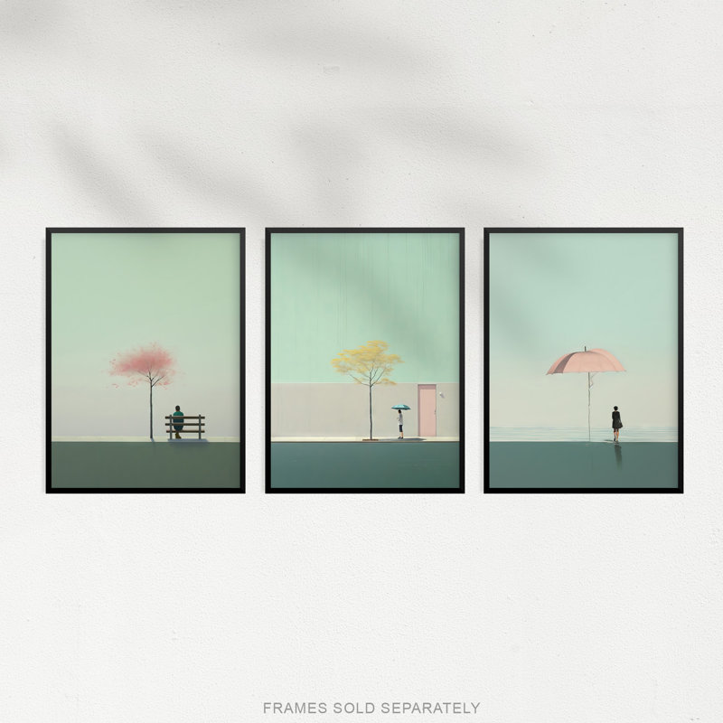 Minimalist Sage Green Aesthetic Tree Umbrella Park - 3 Piece No Frame Print