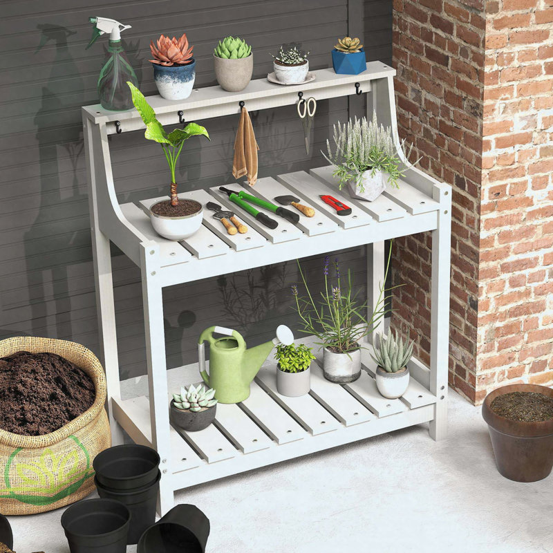 Banc de rempotage extérieur en HDPE avec rangement, poste de travail de jardin toutes saisons pour patio et cour arrière, blanc