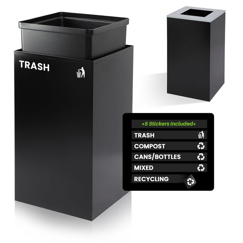 Ensemble de poubelles à couvercle ouvert en acier 29 gallons avec couvercle carré, Noir/vert