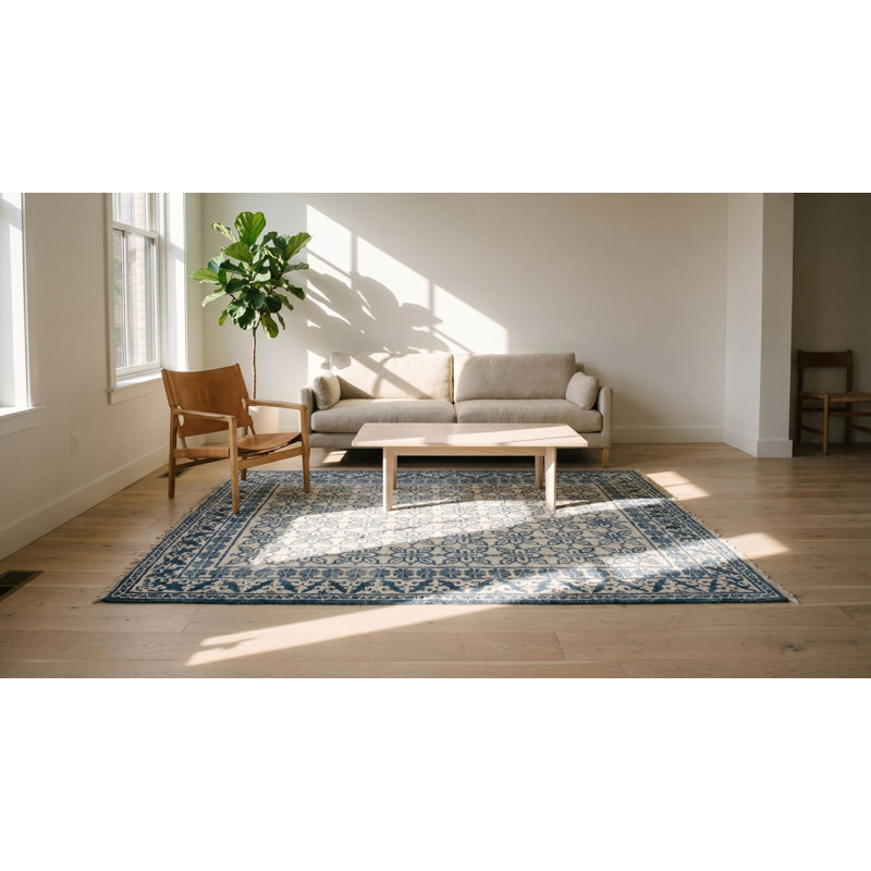 Tapis à poils longs en coton doux crème et bleu antique