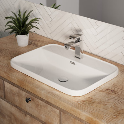 Los Flexi 24" x 17" White Rectangular Semi Recessed Vessel Bathroom Sink with Single Faucet Hole and Chrome Overflow