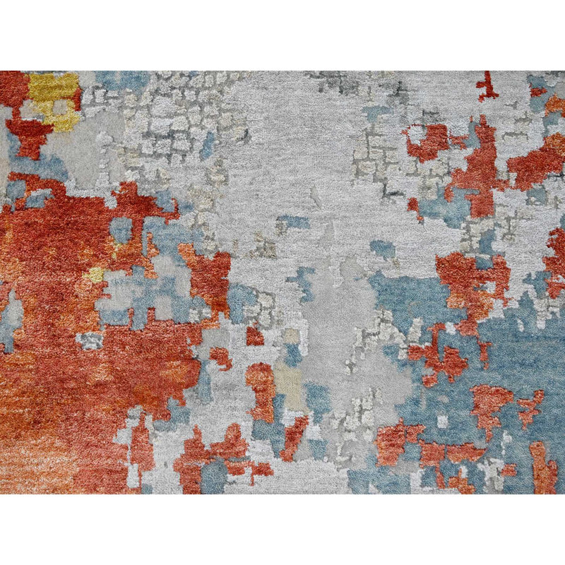 Tapis surdimensionné en laine et soie gris 13 pi 9 po x 17 pi 9 po noué à la main 07E21E431F1A48659CF035D896F6A332