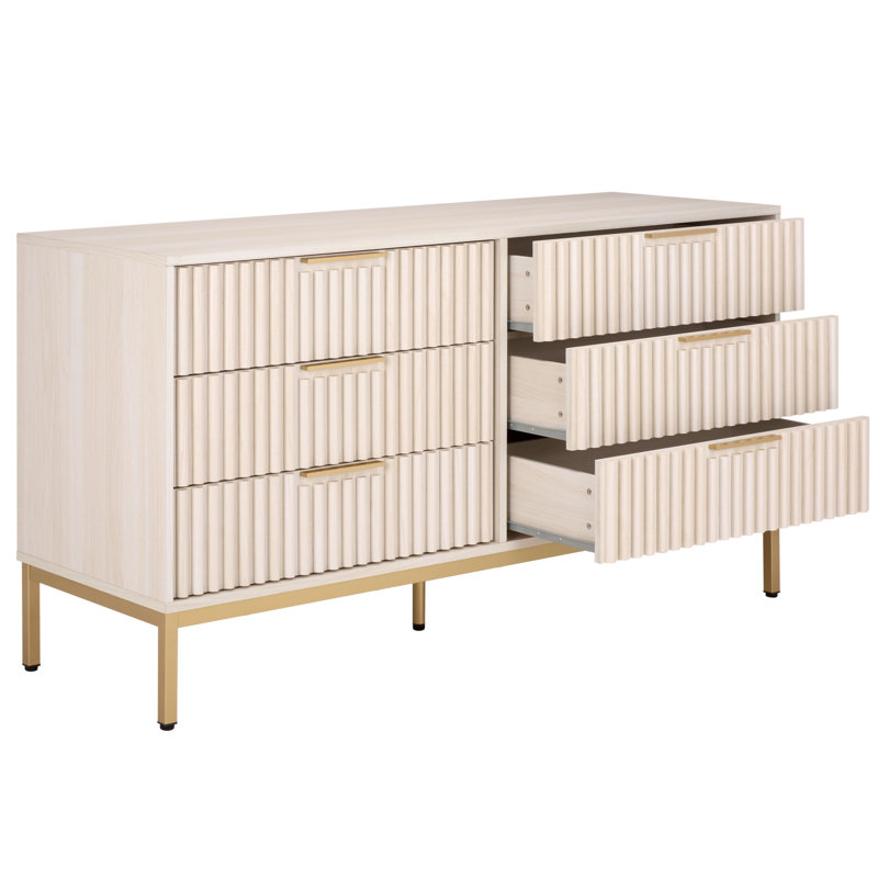 Commode 6 tiroirs Burgess, Blanc blanchi / or