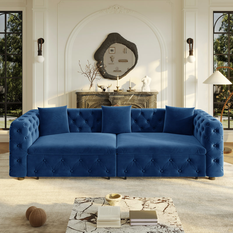 Très grand canapé-lit multifonctionnel de 89 po, canapé-lit coulissant 3 en 1, canapé classique en velours 4 places avec design capitonné, comprend 3 coussins décoratifs, convenant aux appartements et aux salons, bleu