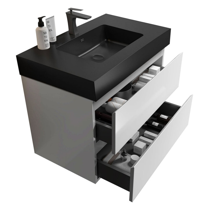 Meuble-lavabo moderne avec lavabo, Blanc, Noir, noir, noir, noir