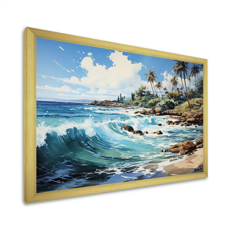 Palmier turquoise sur fond tropical, H 30 po x l 40 po x P 1,5 po, Encadrement doré