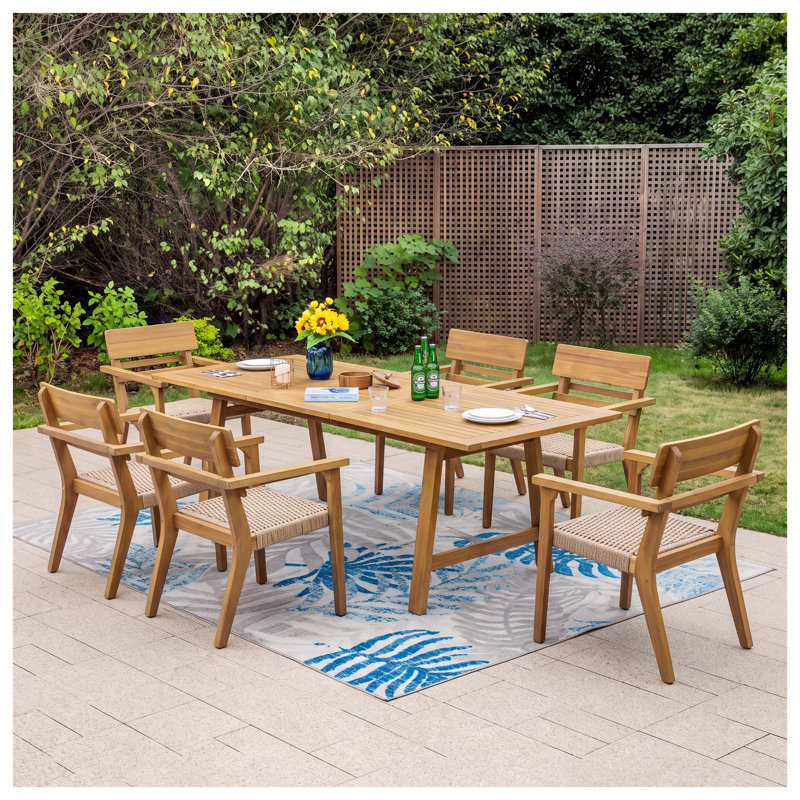 Ensemble de salle à manger d'extérieur extensible 7 pièces en bois d'acacia avec chaises en osier et table à rallonge dissimulée, fini en teck