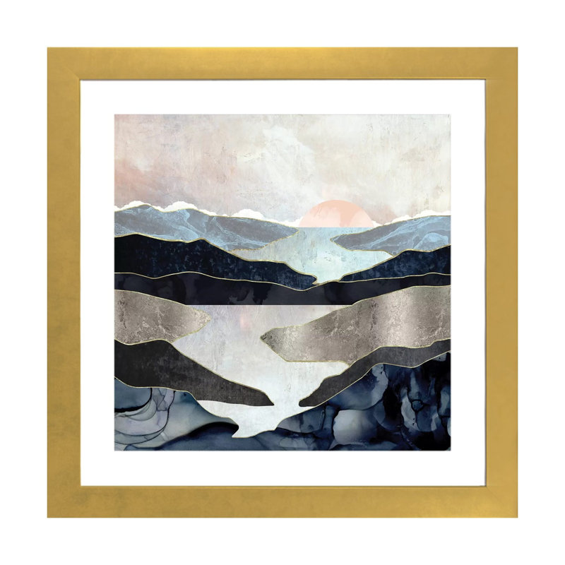 Blue Mountain Lake - impression d'art graphique, Blanc, H 24 po x l 24 po x p 1 po, Papier encadré doré