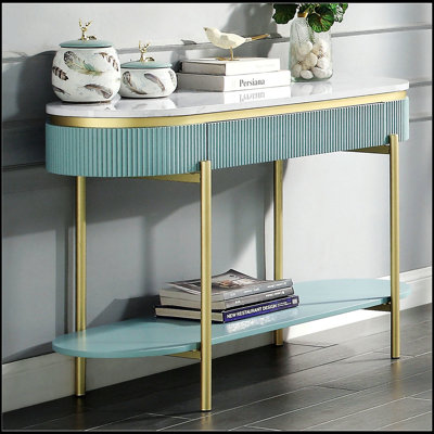 Table de canapé Glam contemporaine bleu sarcelle avec plateau en faux marbre blanc