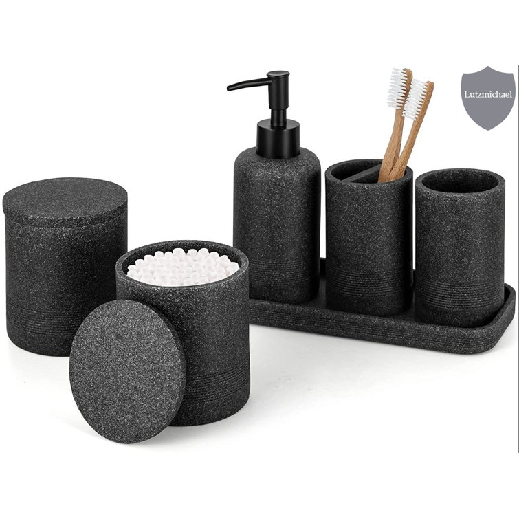 4 Piece Matte Black Resin Bathroom Accessory Set, Includes Soap Dish,  Tumbler, Toothbrush Holder and Pump Dispenser