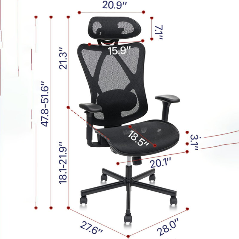 Chaise de bureau en filet; chaises de bureau ergonomiques avec roues; support lombaire réglable; accoudoirs; chaise de bureau à dossier haut inclinable avec appui-tête avec roulette silencieuse pour le bureau; Maison; Jeux