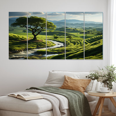 «Green Minimalisme Meadow II», impression d'art mural de paysages - 5 panneaux égaux