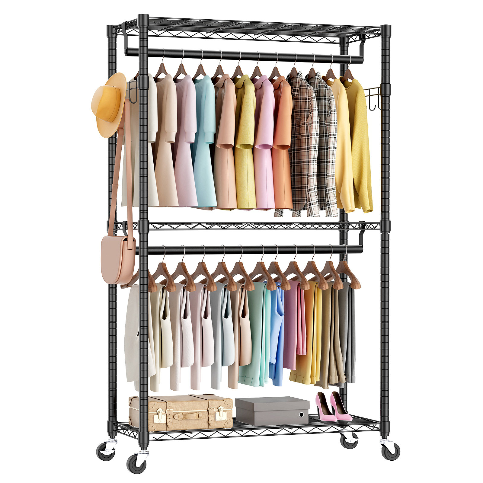 Rebrilliant Rolling Clothes Rack, Heavy Duty Garment Racks 3 Tiers ...