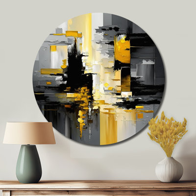 Abstract Geometric Black And Yellow V - Abstract Round Metal Art