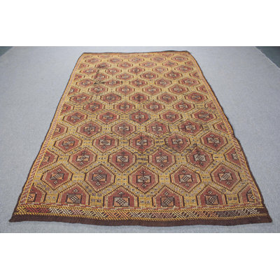 Grand tapis turc Oushak rétro avec broderie géométrique brune