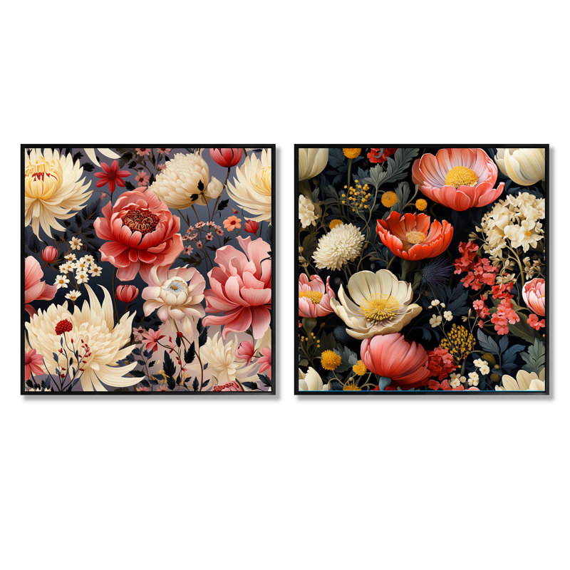 Native Grace - Jardin sauvage rose - Ensemble de 2 collages floraux carrés, Cadre flottant noir, H 36 po x l 73 po