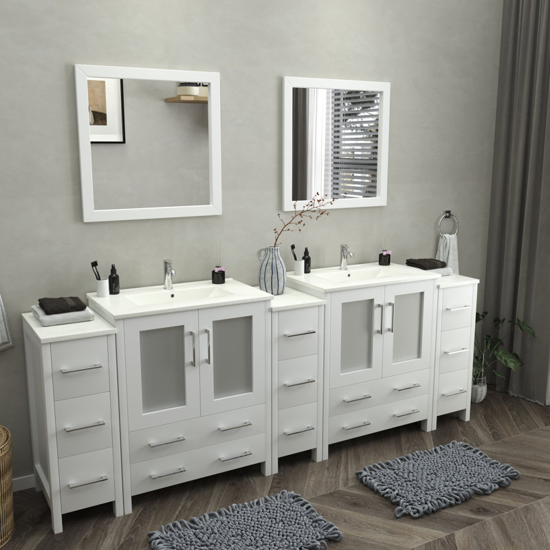 Karson 96'' Double Bathroom Vanity with Ceramic Top with Mirror, White