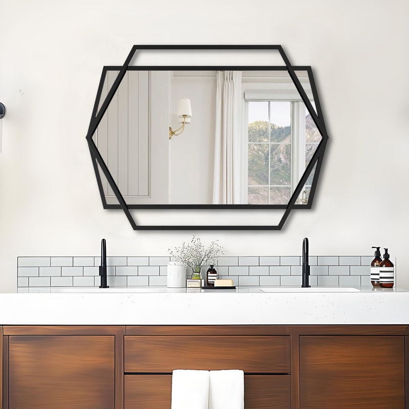 Miroir mural décoratif, miroir mural moderne pour salle de bain, miroir mural avec cadre en métal noir irrégulier et rectangulaire