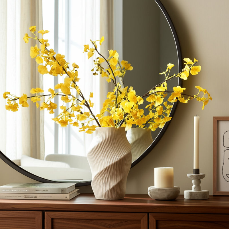 Vase sculptural en céramique sculpté pour table, H 17 po x l 11 po x P 11 po, Crème, crème