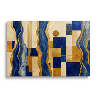Impression sur toile d'une peinture abstraite géométrique fluide bleue et dorée - 20 x 30 pouces