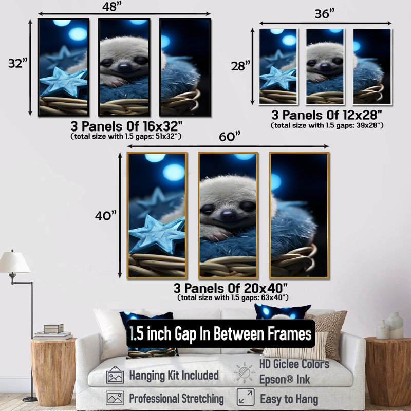 «White and Blue Sloth Serenity Sleep» - art mural paresseux, Cadre flottant noir, H 28 po x l 36 po