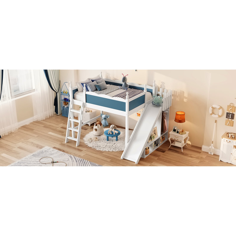 Lit mezzanine double bleu et blanc avec tablettes de rangement, glissière amovible, étapes d'installation simple, idéal pour économiser de l'espace dans la chambre à coucher