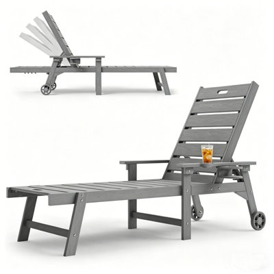 Outdoor Chaise Lounge Chair All Weather HIPS Patio Lounge Chair with 5-Level Adjustable Backrest Built-in Cup Holder and Rolling Wheels, Suitable for Outdoor, Patio, Party Scenes, Gray