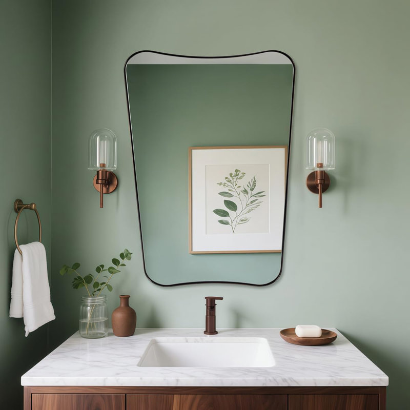 Contemporary Concave Scalloped Irregular Bathroom Vanity Mirror | Stainless Steel Frame, 30" x 22", Brushed Bronze
