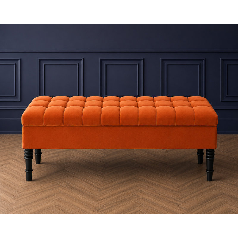 Cubed Tufted Rectangle Ottoman Storage Bench, Upholstered Plush Velvet Shoe Bench with Black Turned Wooden Legs
