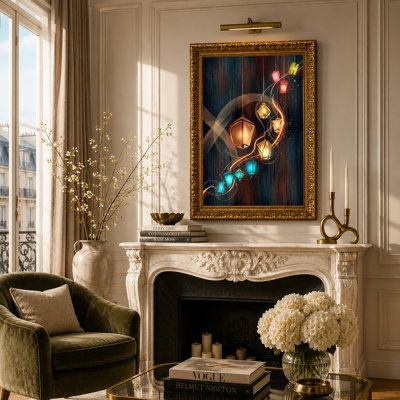 Art mural sur toile de lanternes bleues et dorées