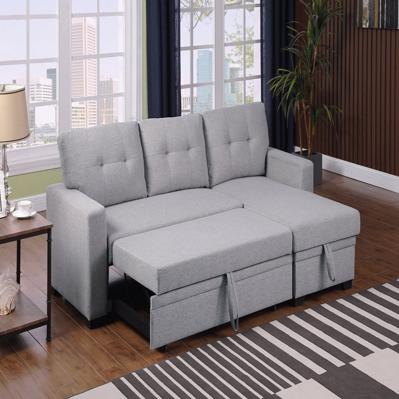 Upholstered Pull Out Sectional Sofa With Chaise, Light Gray