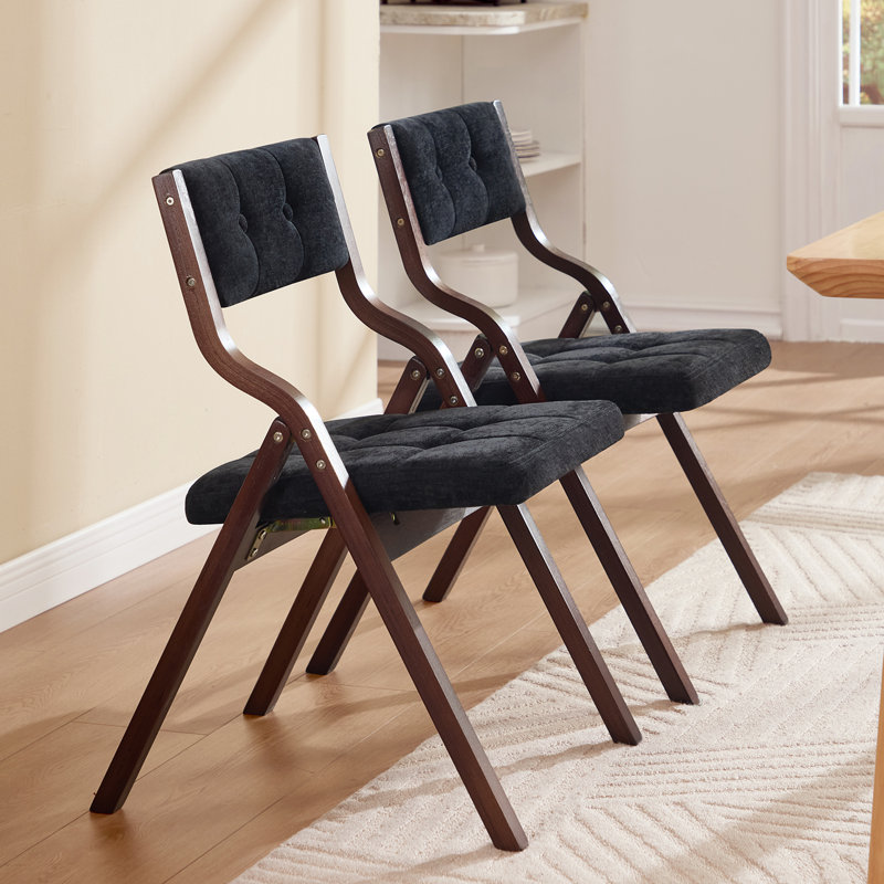 Chaise pliante au design élégant avec structure en bois massif et dossier et siège rembourrés capitonnés, Noir/noyer