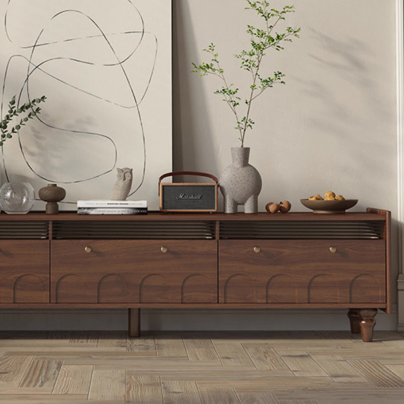 Meuble télé en bois massif rétro au design créatif, H 17,32 po x L 78,74 po x l 13,77 po